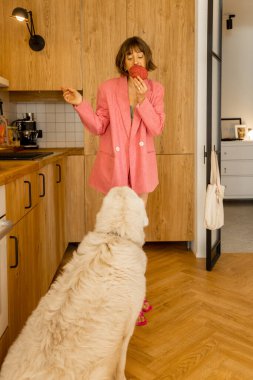 Pembe elbiseli kadın mutfakta kocaman beyaz köpeğiyle kruvasan yiyor. Ev yapımı lüks yaşam tarzı ve evcil hayvan konseptli arkadaşlık.