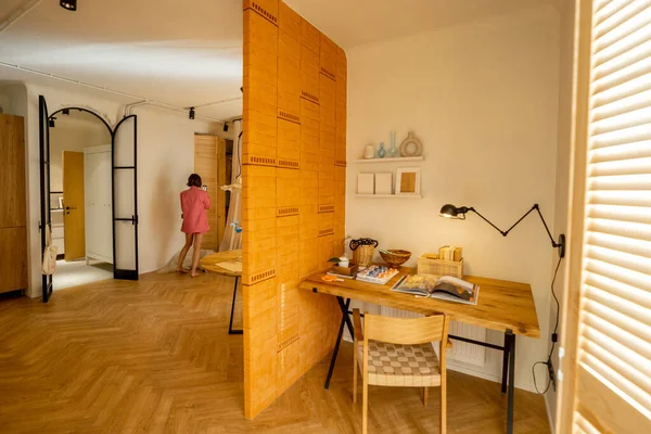 Interior View Workspace Separated Brick Wall Stylish Studio Apartement — Stock Photo, Image