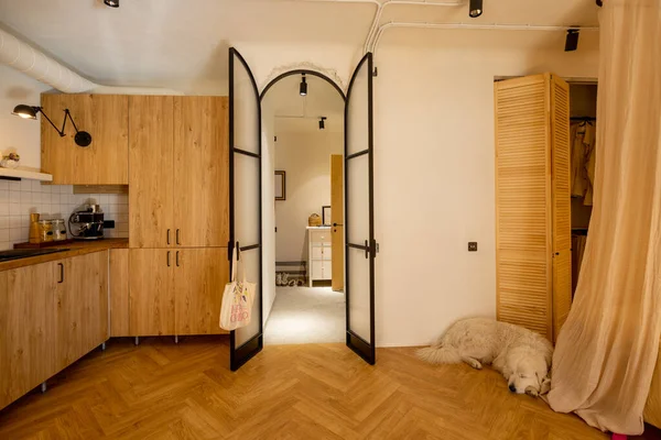 Foto Von Stilvollem Interieur Holzmaterialien Der Modernen Studio Wohnung Küchenfassaden — Stockfoto