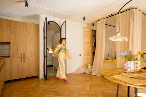 Stylish Studio Apartment Interior Beige Tones Motion Blurred Female Figure — Stock Photo, Image