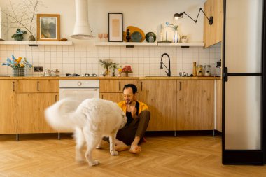 Adam lüks evinin mutfağında bir köpekle mutlu zaman geçirir. Evcil hayvanlar ve evcil yaşam tarzı konseptiyle arkadaşlık