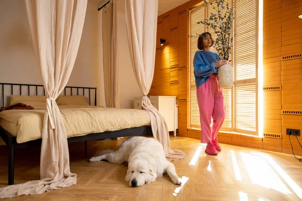 女人拿着一个有干枝的花瓶 装饰着卧室 可爱的狗睡在前面 家庭舒适和家务活概念 — 图库照片