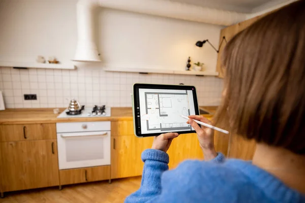 Woman Holding Touchpad Running Program Architectural Project Designing Kitchen Space — Stock Photo, Image