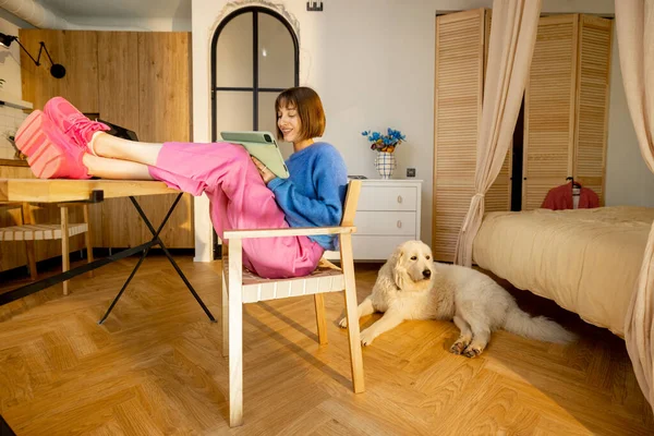 在现代工作室的公寓里 年轻的女人坐在那里 腿放在桌子上放松地工作 而她的狗则在后面休息 舒适的家庭办公和远程工作的概念 — 图库照片