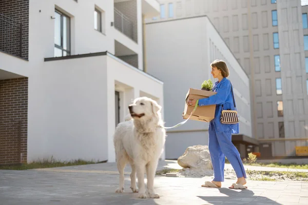 女人背着纸板箱 和她的狗一起步行到新大楼的公寓 新地产或交付的概念 — 图库照片