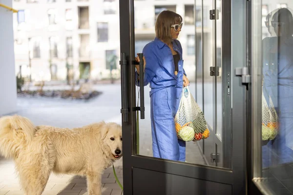 Mujer Con Perro Entrando Edificio Apartamentos Llevando Una Bolsa Malla —  Fotos de Stock