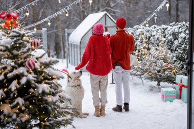 Kırmızı kışlık elbiseli kadın ve erkek köpekleriyle birlikte güzel karlı bahçenin tadını çıkarıyorlar. Genç bir aile kışı birlikte geçiriyor. Arkadan görüntüle
