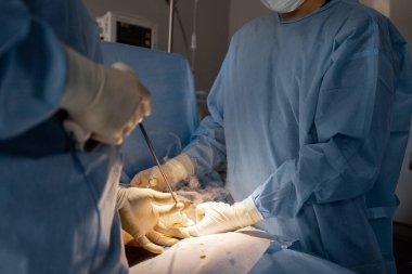 İki cerrah bir hastanın karın bölgesini ameliyat eder. Gerçek operasyon ve cerrahi müdahale kavramı