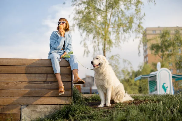 公園で可愛い白い犬とベンチに座りながらアイスクリームを食べる若い女性 余暇を一緒に過ごす — ストック写真
