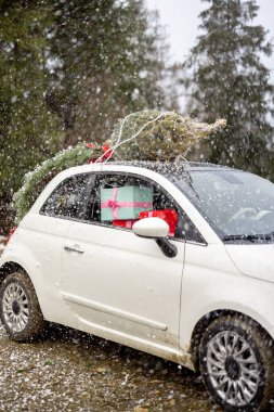 Çatıda Noel ağacı olan beyaz bir araba ve karlı havada dağ yolunda sunuluyor. Yeni yıl anlayışı ve tatil hazırlığı.