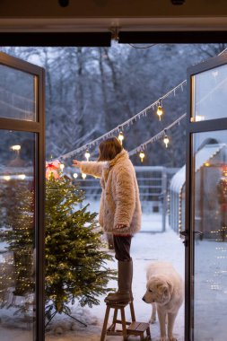 Genç bir kadın Noel ağacını süslüyor, merdivenin tepesine süslü bir fiyonk iliştiriyor güzel karlı arka bahçesinde köpekle dikilip pencereden bakıyor. Kış tatili için hazırlık