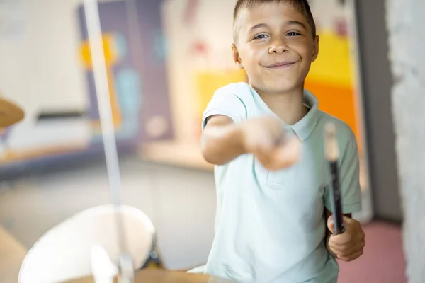 Little Boy Playing Real Drums Having Fun While Visiting Science — Stock Photo, Image