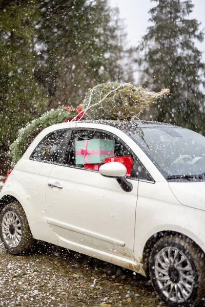 Witte Auto Met Kerstboom Een Dak Presenteert Binnen Bergweg Besneeuwd — Stockfoto