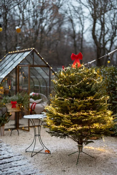 Árvore Natal Exuberante Iluminada Com Guirlanda Decorada Com Arco Vermelho — Fotografia de Stock