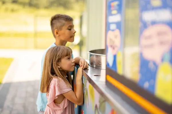 Dziewczynka Chłopiec Czekają Słodką Watę Cukrową Kasie Podczas Wakacji Parku — Zdjęcie stockowe