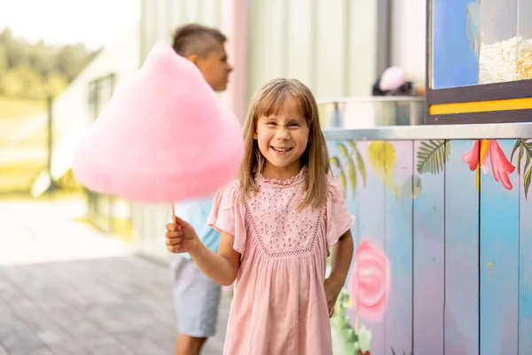 Pieni Onnellinen Tyttö Pitää Vaaleanpunaista Hattaraa Käydessään Huvipuistossa Kesäloman Aikana — kuvapankkivalokuva