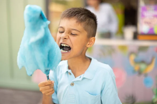 Happy Boy Makan Permen Kapas Biru Saat Mengunjungi Taman Hiburan — Stok Foto