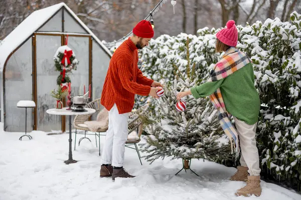 Karlı Evlerinin Arka Bahçesinde Kış Tatiline Hazırlanırken Kadın Erkek Noel — Stok fotoğraf