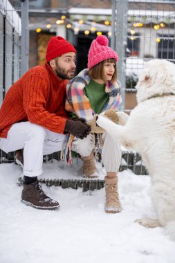 Süveter giyen genç bir çift, evlerinin verandasında birlikte oturup, kışı dışarıda mutlu bir şekilde geçirirken bir köpekle oynuyorlar.