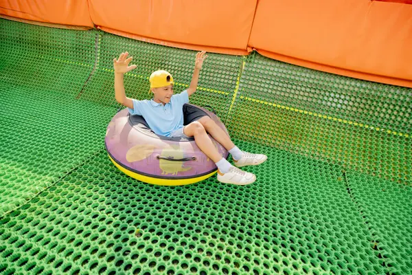 Happy Boy Descends Inflatable Sledding Tube Summer Track Having Fun — Stock Photo, Image