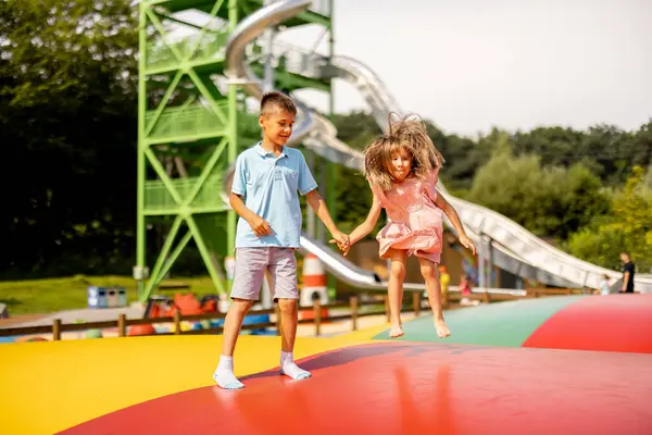 Anak Anak Melompat Dengan Trampolin Inflatable Bersenang Senang Mengunjungi Taman — Stok Foto