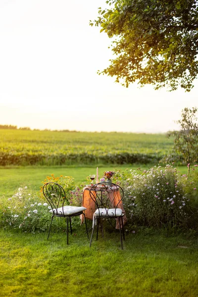 Beautiful Green Lawn Flowers Dining Table Two Sunset Romantic Picnic — kuvapankkivalokuva