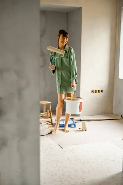 Portrait Young Cute Woman Standing Paint Roller Bucket Full Paint Stock Picture