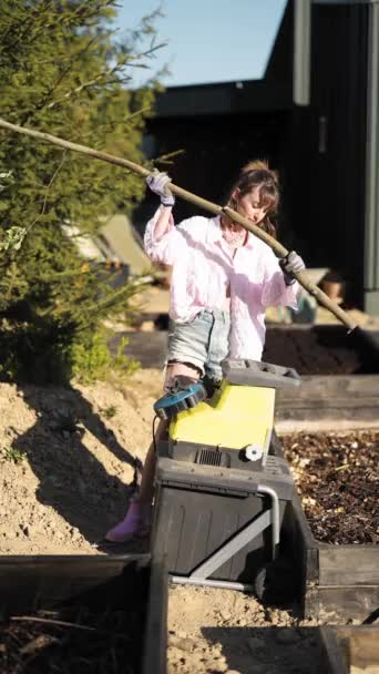Woman Shreds Branches Special Machine Making Compost Mulching Garden Modern — 图库视频影像