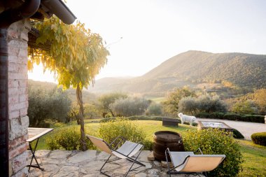 Sarmaşıklarla kaplı pergola altında şezlonglu, şezlonglu sakin bir teras. Altın saat ışığı etrafındaki tepeleri ve zeytin ağaçlarını vurguluyor ve huzurlu bir atmosfer yaratıyor.