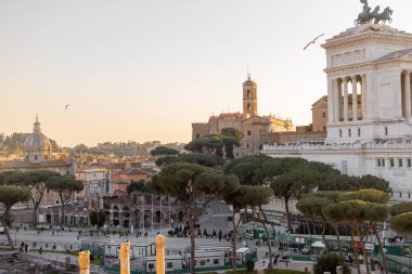 Capitoline Tepesi manzarası, Santi Luca e Martina Kilisesi, ve görkemli Altare della Patria Roma çamları ve kuşların çatılarda süzüldüğü altın ışıkla yıkandı.