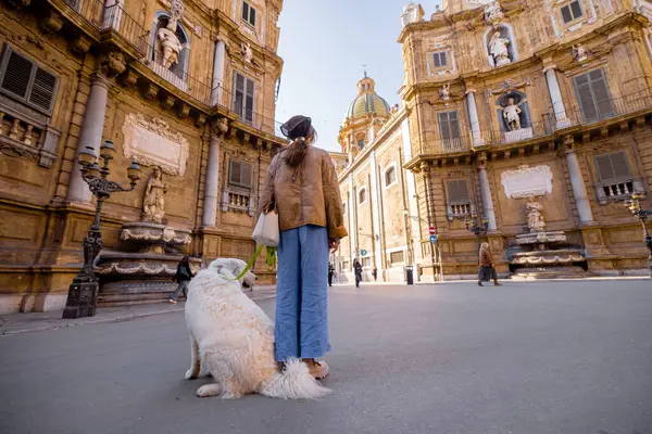 İtalya 'nın Palermo kentindeki Quattro Canti meydanında büyük beyaz köpeğini gezdiren bir kadın. Görüntü yavaş turizmi, evcil hayvanlarla bağlantıyı ve sakin şehir keşfini seyahat için mükemmel kılıyor, evcil hayvan