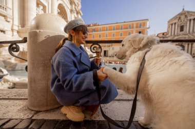 Şık mavi paltolu kadın dondurmasını tutuyor ve güneşli bir günde yumuşak beyaz köpeğini Romes Trevi Çeşmesi yakınlarında okşuyor.