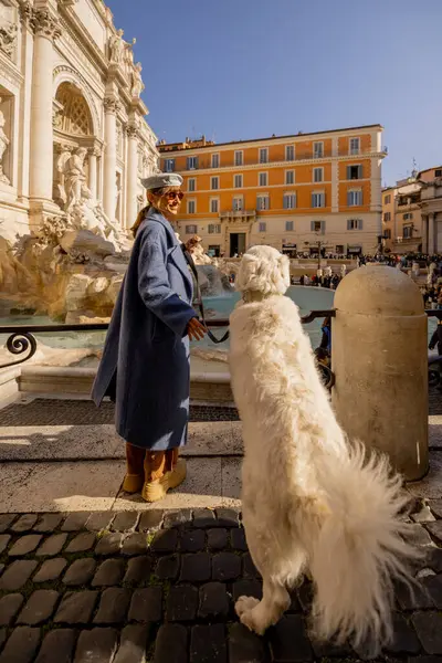 Bir kadın ve tüylü beyaz köpeği Roma 'daki Trevi Çeşmesi' nin orada güneşli bir anın tadını çıkarıyorlar. Huzurlu, iç açıcı bir yoldaşlık ve seyahat sahnesi.