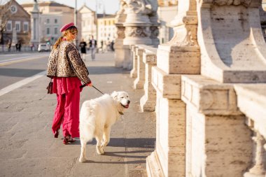 Güneşli bir günde, bir kadın Roma köprüsü boyunca büyük beyaz köpeğini gezdirir. Fotoğraf, yavaş şehir yaşamını gösteriyor ve gezici hayvan yaşam tarzı ve Avrupa şehir terfileri için ideal.