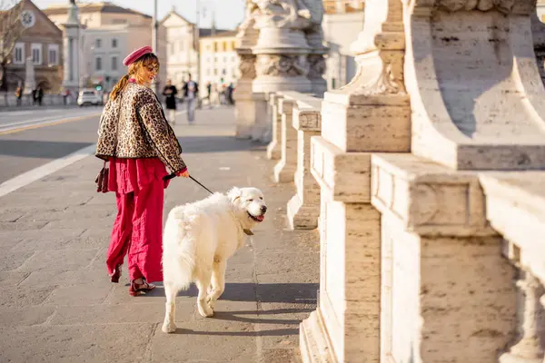 Güneşli bir günde, bir kadın Roma köprüsü boyunca büyük beyaz köpeğini gezdirir. Fotoğraf, yavaş şehir yaşamını gösteriyor ve gezici hayvan yaşam tarzı ve Avrupa şehir terfileri için ideal.