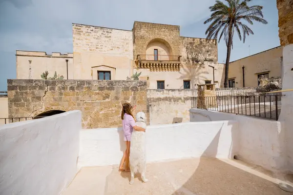 Bir kadın ve beyaz köpeği güneşli bir çatıda sakin bir sabah geçirdiler. Tarihi taş binalar ve güney İtalya 'da bir palmiye ağacı vardı.