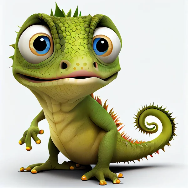 Cute cartoon lizard character. 3D animation on white background