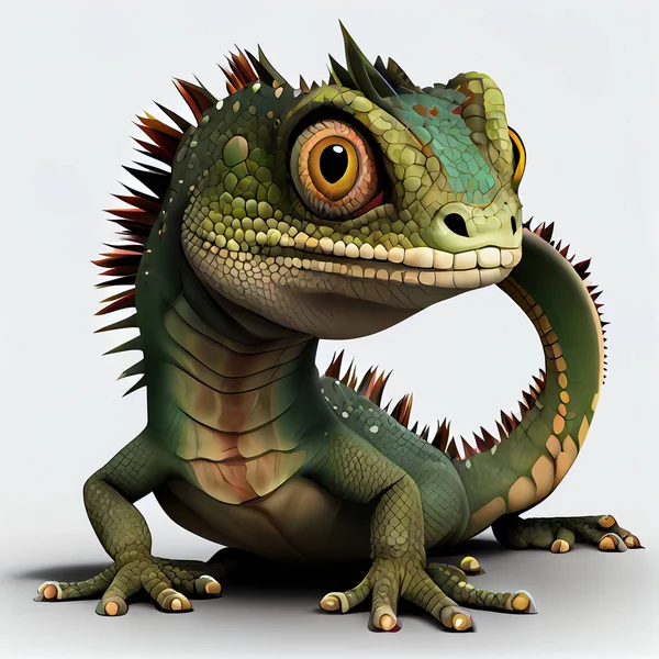 Cute cartoon lizard character. 3D animation on white background