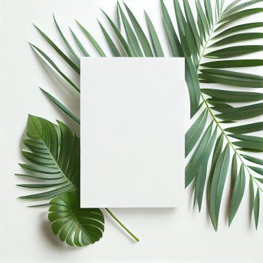 Clean blank for mockup on white background with palm leaves. Flat Lay style