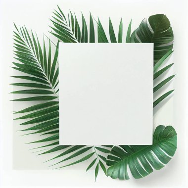 Clean blank for mockup on white background with palm leaves. Flat Lay style