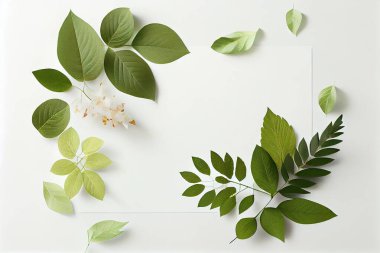 Clean blank for mockup on white background with spring leaves. Flat Lay style