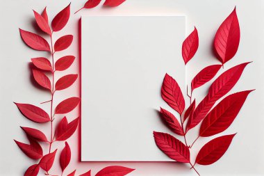 Clean blank for mockup on white background with red leaves. Flat Lay style