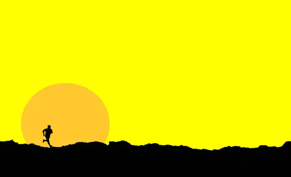 Illustrazione siluet che corre in natura in montagna con sfondo del cielo giallo e sole color arancio