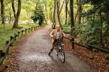 TOKYO, JAPONYA - 28 EKİM, 2024 - Inokashira Parkı 'nda bisiklet süren yaşlı bir Japon' un yatay resmi, sonbaharda, yaprakların düştüğü dönem, Tokyo, Japonya 'da