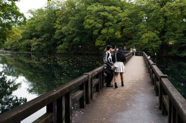 TOKYO, JAPONYA - 28 Ekim 2024 - Tokyo 'da sonbahar sezonu boyunca Inokashira Parkı ve Benzaiten Tapınağı' ndaki insanların sakin su gölü üzerindeki yatay resmi