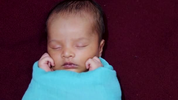 Cute Newborn Baby Sleeping Baby Wrap Top Angle Shot — Stock Video