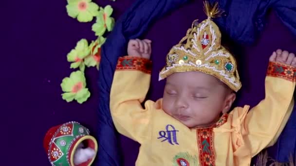 Newborn Baby Boy Krishna Dressed Props Unique Perspective Different Expression — Stock Video