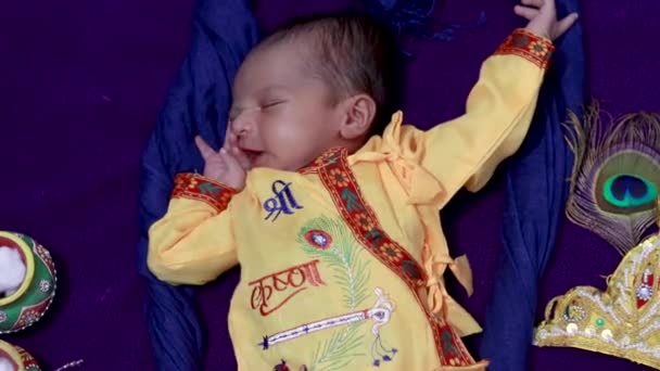 Newborn Baby Boy Krishna Dressed Props Unique Perspective Different Expression — Stock Video