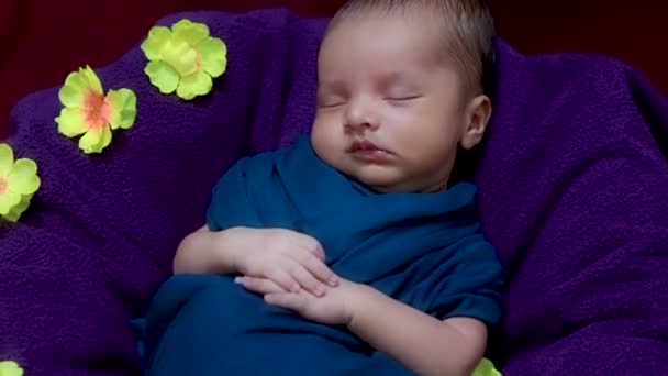 Bebek Ambalajında Uyuyan Yeni Doğmuş Şirin Bir Bebek Çiçeklerle Süslenmiş — Stok video