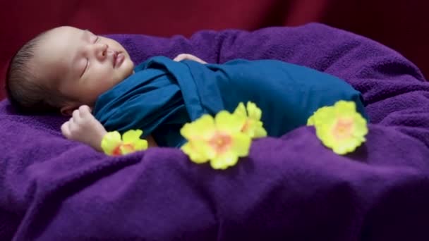 Милий Новонароджений Дитина Спить Дитячому Обгортці Квітами Унікальному Стилі Верхнього — стокове відео